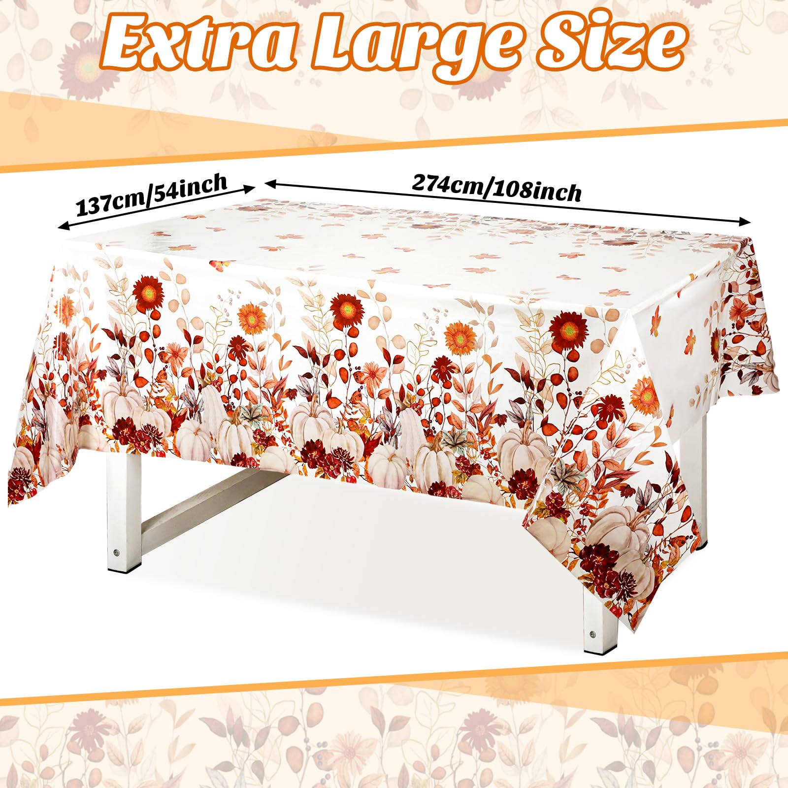 Newwiee 4 Pcs Thanksgiving Tablecloth Fall Pumpkin Plastic Tablecloths Maple Floral Fall Table Cloth Disposable Rectangle Fall Plastic Table Cover for Autumn Harvest Party, 54 x 108 Inch