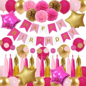 hot pink and gold birthday party decorations with happy birthday banner, tissue pom poms flowers, tassels garland, rose red and gold balloons, star balloons for women girls birthday supplies