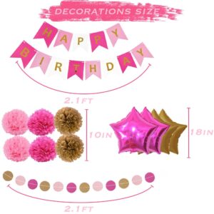 Hot Pink and Gold Birthday Party Decorations with Happy Birthday Banner, Tissue Pom Poms Flowers, Tassels Garland, Rose Red and Gold Balloons, Star Balloons for Women Girls Birthday Supplies