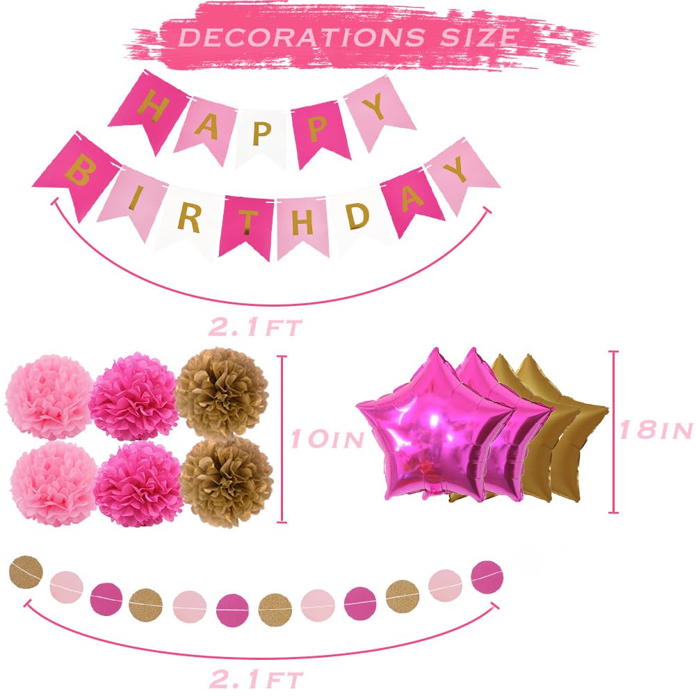 Hot Pink and Gold Birthday Party Decorations with Happy Birthday Banner, Tissue Pom Poms Flowers, Tassels Garland, Rose Red and Gold Balloons, Star Balloons for Women Girls Birthday Supplies