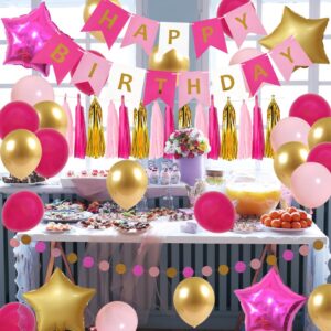 Hot Pink and Gold Birthday Party Decorations with Happy Birthday Banner, Tissue Pom Poms Flowers, Tassels Garland, Rose Red and Gold Balloons, Star Balloons for Women Girls Birthday Supplies