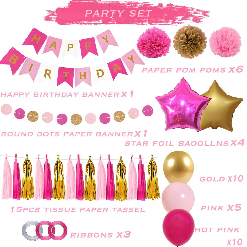Hot Pink and Gold Birthday Party Decorations with Happy Birthday Banner, Tissue Pom Poms Flowers, Tassels Garland, Rose Red and Gold Balloons, Star Balloons for Women Girls Birthday Supplies