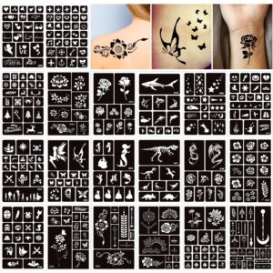 sixberry 20 sheets temporary tattoos stencils for kids, glitter henna face body paint stencil kit, girls flowers mermaid boys dragon airbrush art tattoo for birthday halloween christmas party favors