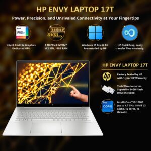 HP Envy 17T 2022 Laptop, i7-1260P 12th gen, 16GB RAM, 1 TB NVMe SSD, 17.3" FHD Touch, Thunderbolt 4, Win 11 PRO, WiFi 6E, B&O Audio, Intel Xe Graphics, Silver, 64GB Tech Warehouse Flashdrive