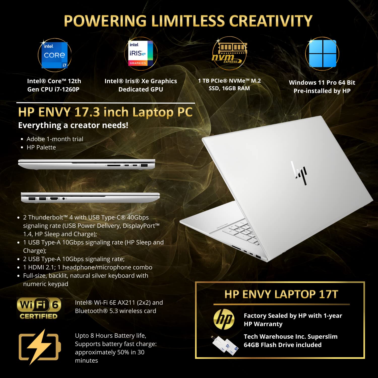 HP Envy 17T 2022 Laptop, i7-1260P 12th gen, 16GB RAM, 1 TB NVMe SSD, 17.3" FHD Touch, Thunderbolt 4, Win 11 PRO, WiFi 6E, B&O Audio, Intel Xe Graphics, Silver, 64GB Tech Warehouse Flashdrive