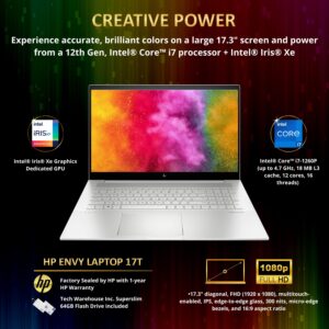 HP Envy 17T 2022 Laptop, i7-1260P 12th gen, 16GB RAM, 1 TB NVMe SSD, 17.3" FHD Touch, Thunderbolt 4, Win 11 PRO, WiFi 6E, B&O Audio, Intel Xe Graphics, Silver, 64GB Tech Warehouse Flashdrive