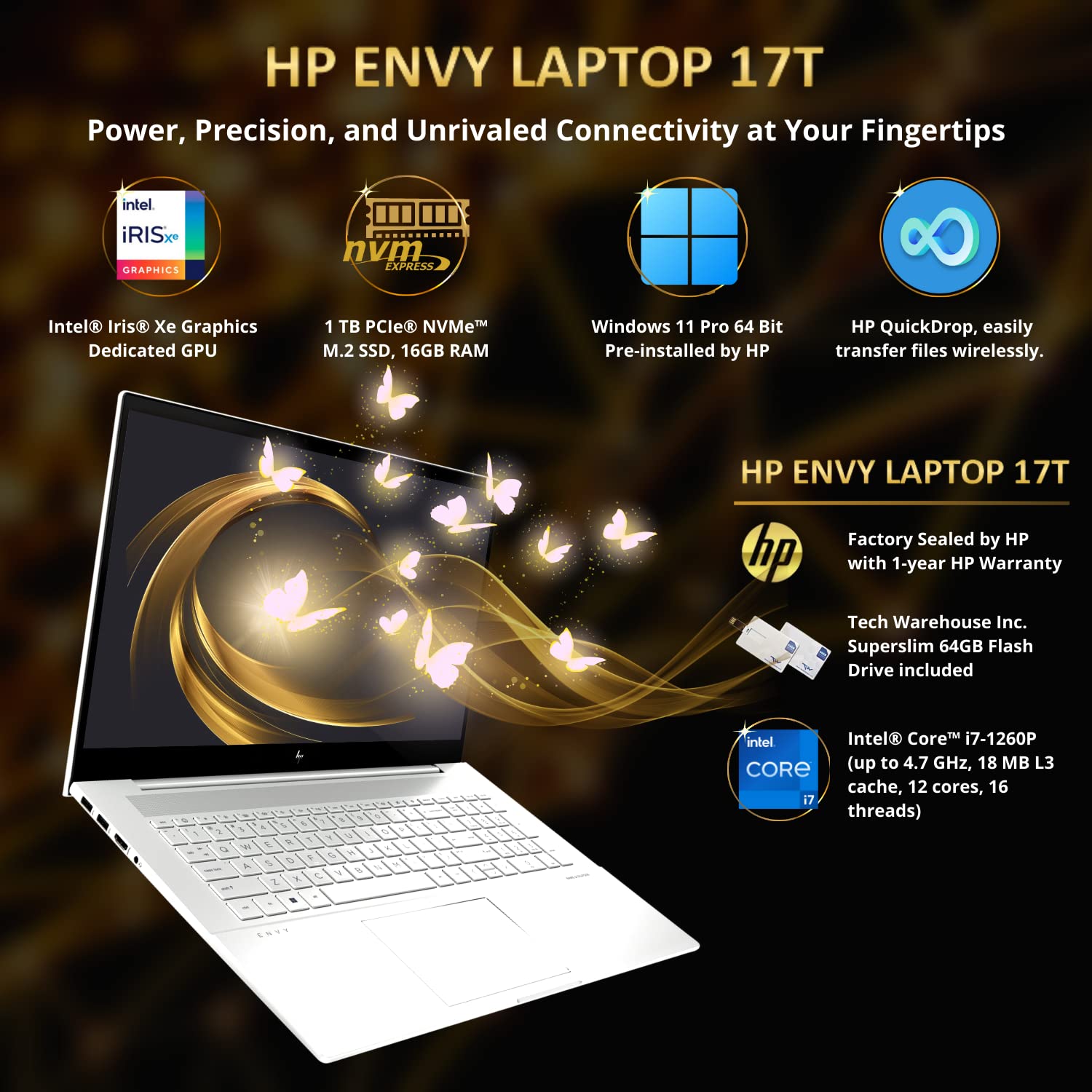 HP Envy 17T 2022 Laptop, i7-1260P 12th gen, 16GB RAM, 1 TB NVMe SSD, 17.3" FHD Touch, Thunderbolt 4, Win 11 PRO, WiFi 6E, B&O Audio, Intel Xe Graphics, Silver, 64GB Tech Warehouse Flashdrive