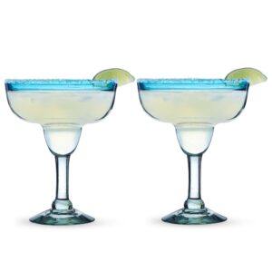 segunda vida primavera stemmed margarita glasses - blue rim margarita glass set made in mexico - 100% recycled glass 10oz set of 2