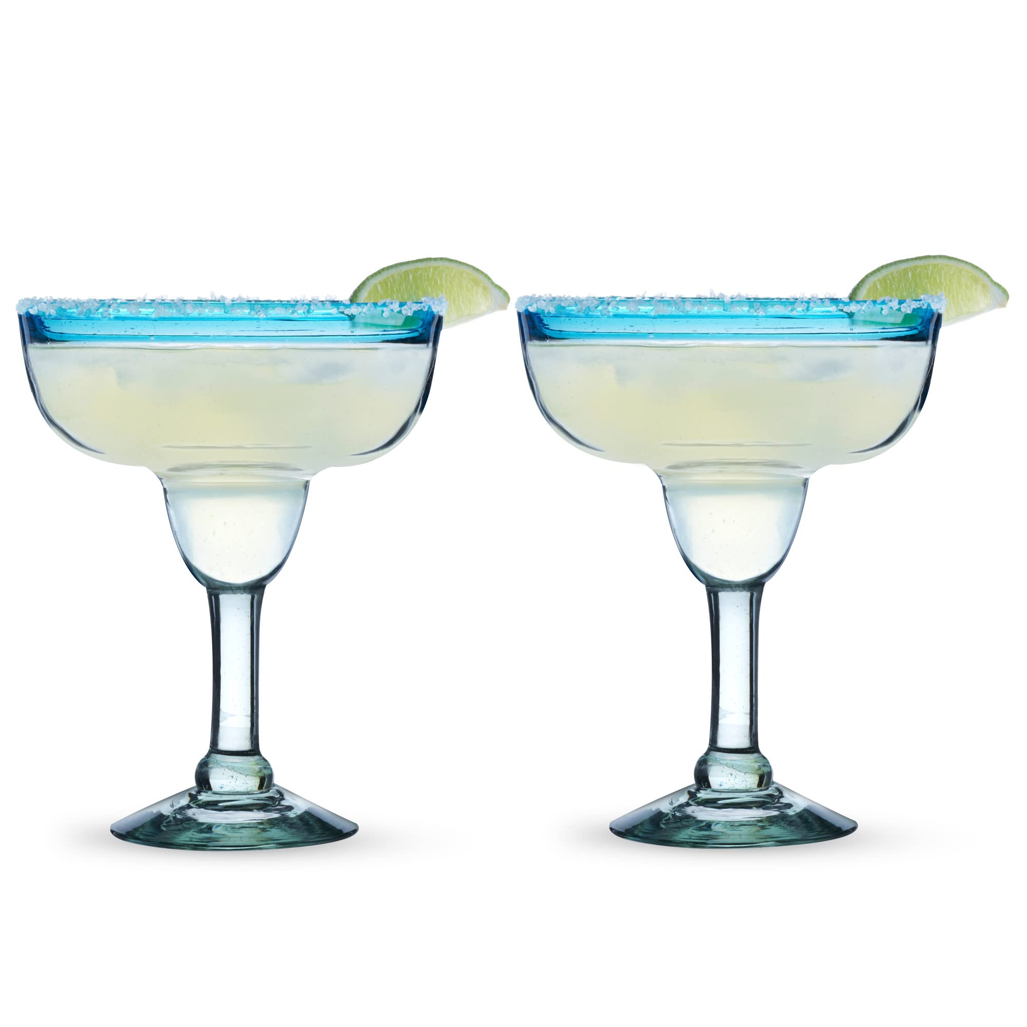 Segunda Vida Primavera Stemmed Margarita Glasses - Blue Rim Margarita Glass Set Made in Mexico - 100% Recycled Glass 10oz Set of 2