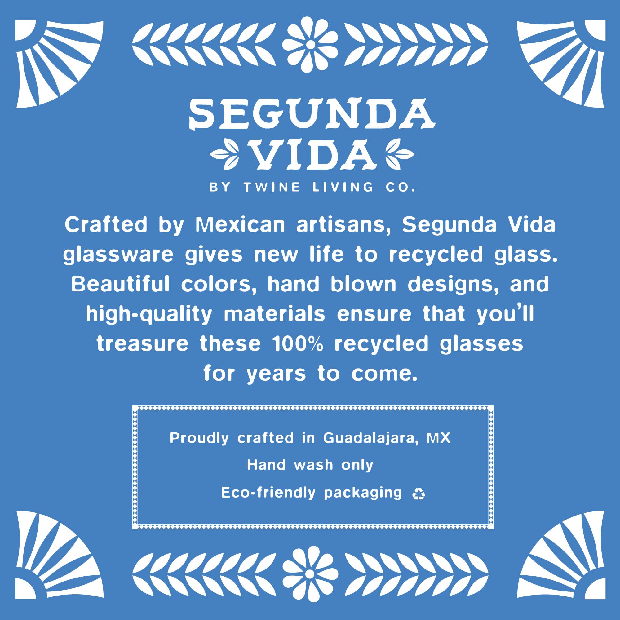 Segunda Vida Primavera Stemmed Margarita Glasses - Blue Rim Margarita Glass Set Made in Mexico - 100% Recycled Glass 10oz Set of 2