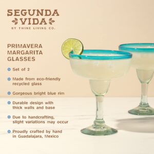 Segunda Vida Primavera Stemmed Margarita Glasses - Blue Rim Margarita Glass Set Made in Mexico - 100% Recycled Glass 10oz Set of 2