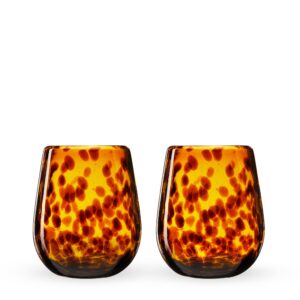segunda vida tortuga tortoise shell colored stemless wine glasses set - hand blown colorful wine glasses - amber 100% recycled glassware made in mexico, 13oz, set of 2