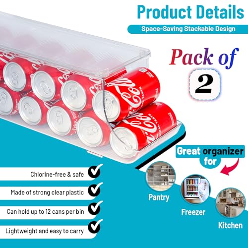 Soda Can Organizer with Lids, Stackable Soda Can Dispenser for Refrigerator, Clear Can Holder Organization and Storage Bins for Fridge, Freezer, Kitchen, Countertops, Pantry Organizer, Holds 12 Cans