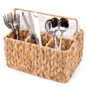 kolwoven wicker utensil caddy carrier, wicker flatware organizer, hand woven water hyacinth cutlery holder for countertop with handle