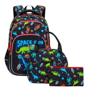 dorlubel lightweight dinosaur backpack for boys school bag with insulated lunch tote & pencil case preschool kindergarten elementary book bag set(black space dino set)