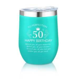 cayourian 50th birthday gifts for women, happy 50th birthday decorations for her wife mom friends coworkers bff -12 oz stainless steel wine tumbler with lid (mint)
