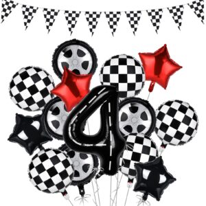 jspupifip 15 pcs number 4 race car birthday balloons 40 inch race car checkered foil wheel tire balloons racetrack balloon checkered flags 8.2 ft banners for race car boy 4st birthday party supplies