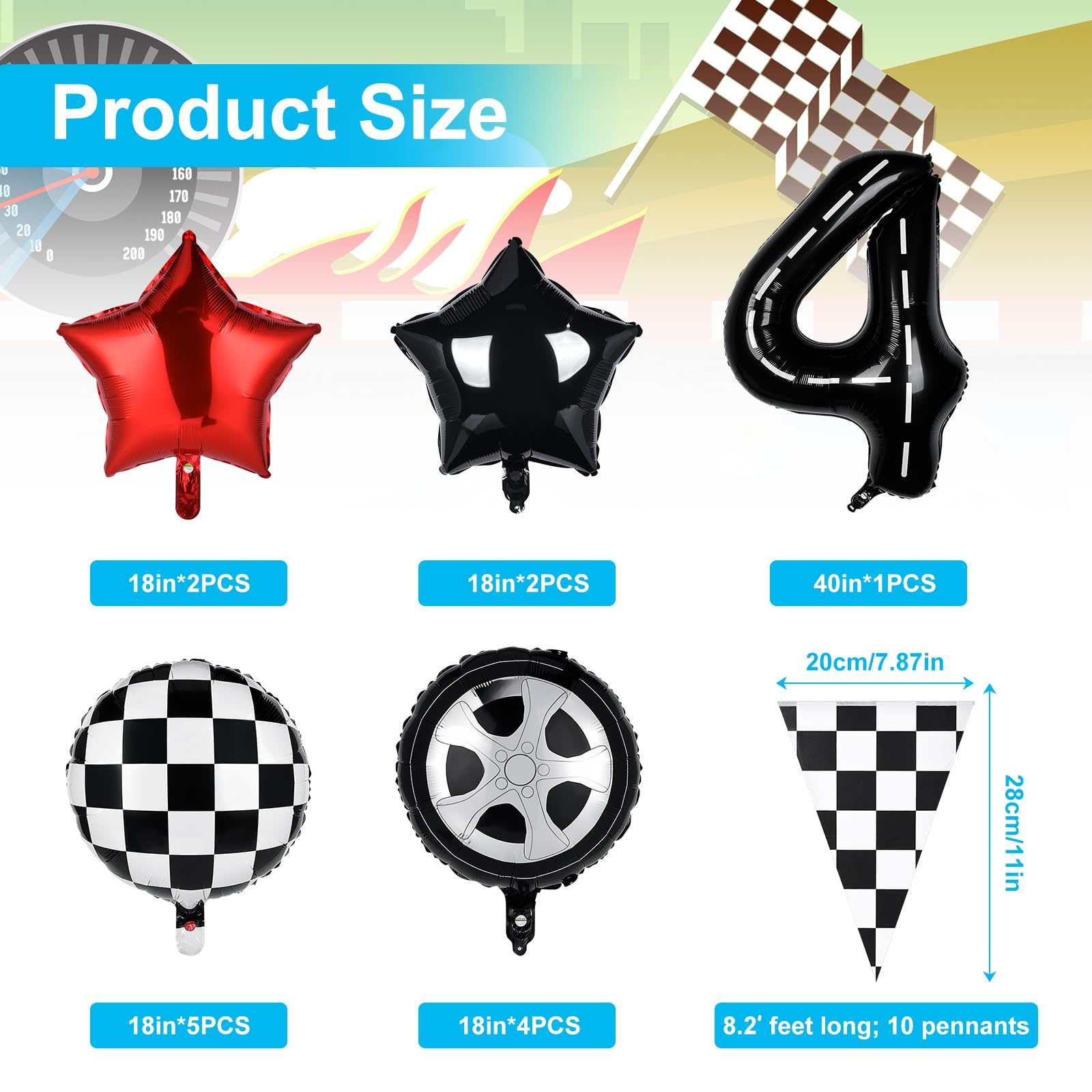 Jspupifip 15 Pcs Number 4 Race Car Birthday Balloons 40 Inch Race Car Checkered Foil Wheel Tire Balloons Racetrack Balloon Checkered Flags 8.2 Ft Banners for Race Car Boy 4st Birthday Party Supplies