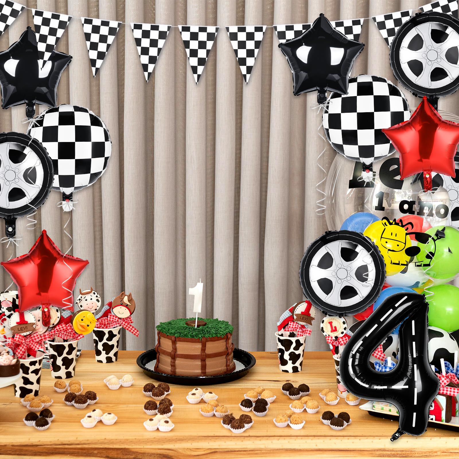 Jspupifip 15 Pcs Number 4 Race Car Birthday Balloons 40 Inch Race Car Checkered Foil Wheel Tire Balloons Racetrack Balloon Checkered Flags 8.2 Ft Banners for Race Car Boy 4st Birthday Party Supplies