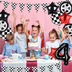 Jspupifip 15 Pcs Number 4 Race Car Birthday Balloons 40 Inch Race Car Checkered Foil Wheel Tire Balloons Racetrack Balloon Checkered Flags 8.2 Ft Banners for Race Car Boy 4st Birthday Party Supplies