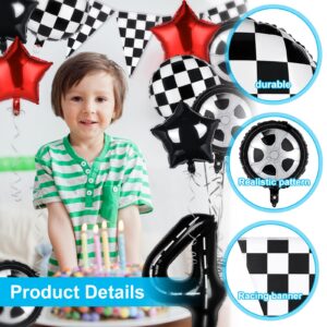 Jspupifip 15 Pcs Number 4 Race Car Birthday Balloons 40 Inch Race Car Checkered Foil Wheel Tire Balloons Racetrack Balloon Checkered Flags 8.2 Ft Banners for Race Car Boy 4st Birthday Party Supplies