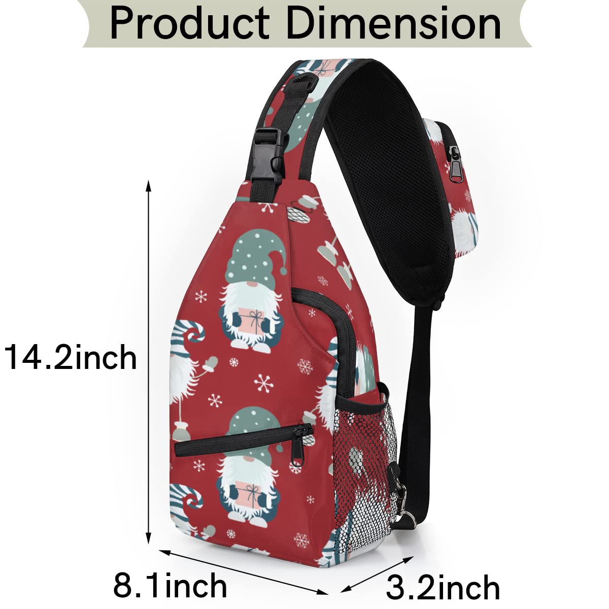 Pardick Sling Bag for Women Men,Christmas Mini Crossbody Backpack Gnome and Snowflakes Shoulder Bag Chest Sling Backpack Anti Thief Chest Bag for Travel,Hiking,Cycling,Camping