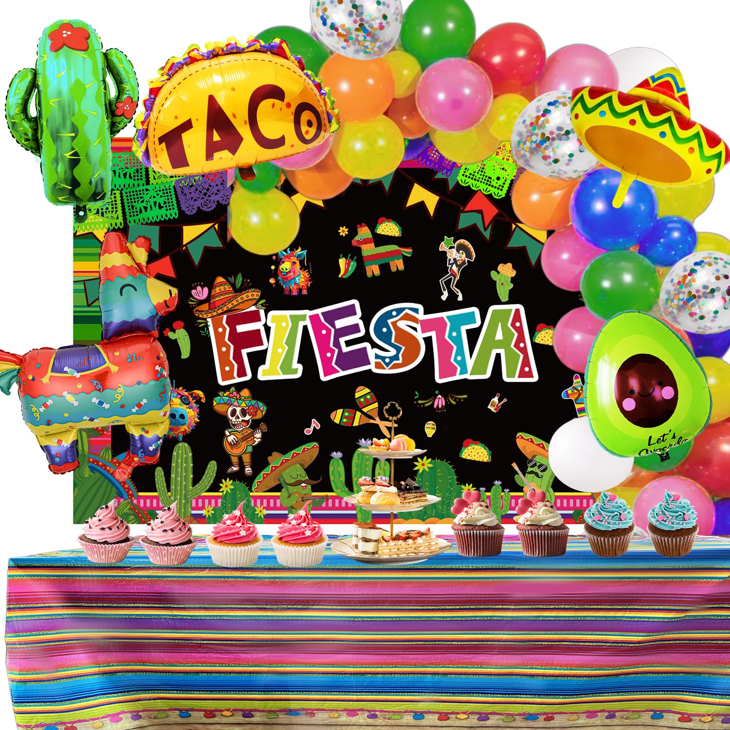 Fiesta Party Decorations Mexican Themed Party Supplies Balloons Garland Arch Kit Happy Birthday Backdrop Tablecloth Cinco De Mayo Taco Cactus Avocado Llama Sombrero Mexican Theme Fiesta Party Decor