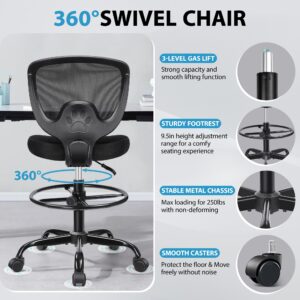 Primy Office Drafting Chair, Ergonomic Tall Desk Chair with Adjustable Height and Footrest Ring, Armless Mid-Back Standing Computer Chair Executive Rolling Breathable Mesh Chair for Art Home Office