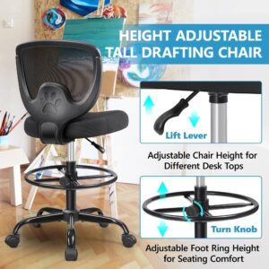 Primy Office Drafting Chair, Ergonomic Tall Desk Chair with Adjustable Height and Footrest Ring, Armless Mid-Back Standing Computer Chair Executive Rolling Breathable Mesh Chair for Art Home Office