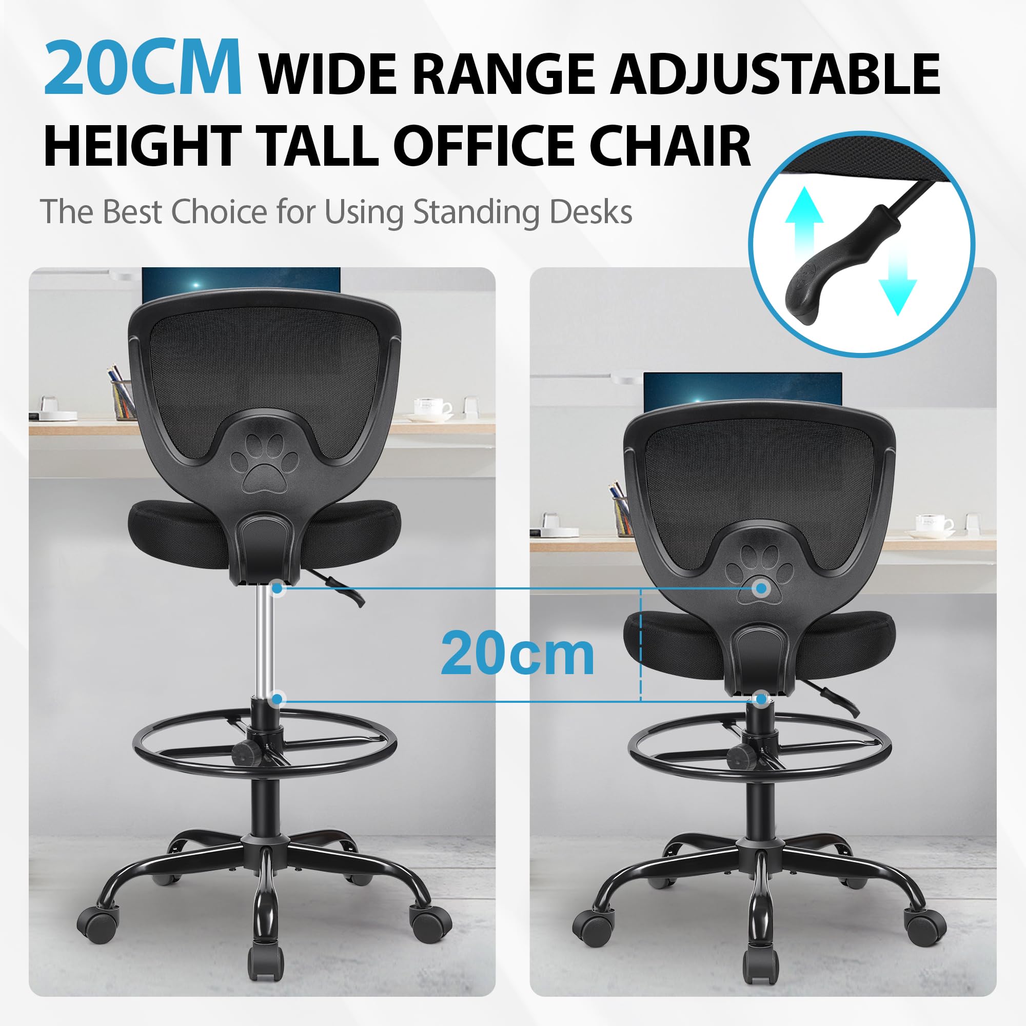 Primy Office Drafting Chair, Ergonomic Tall Desk Chair with Adjustable Height and Footrest Ring, Armless Mid-Back Standing Computer Chair Executive Rolling Breathable Mesh Chair for Art Home Office