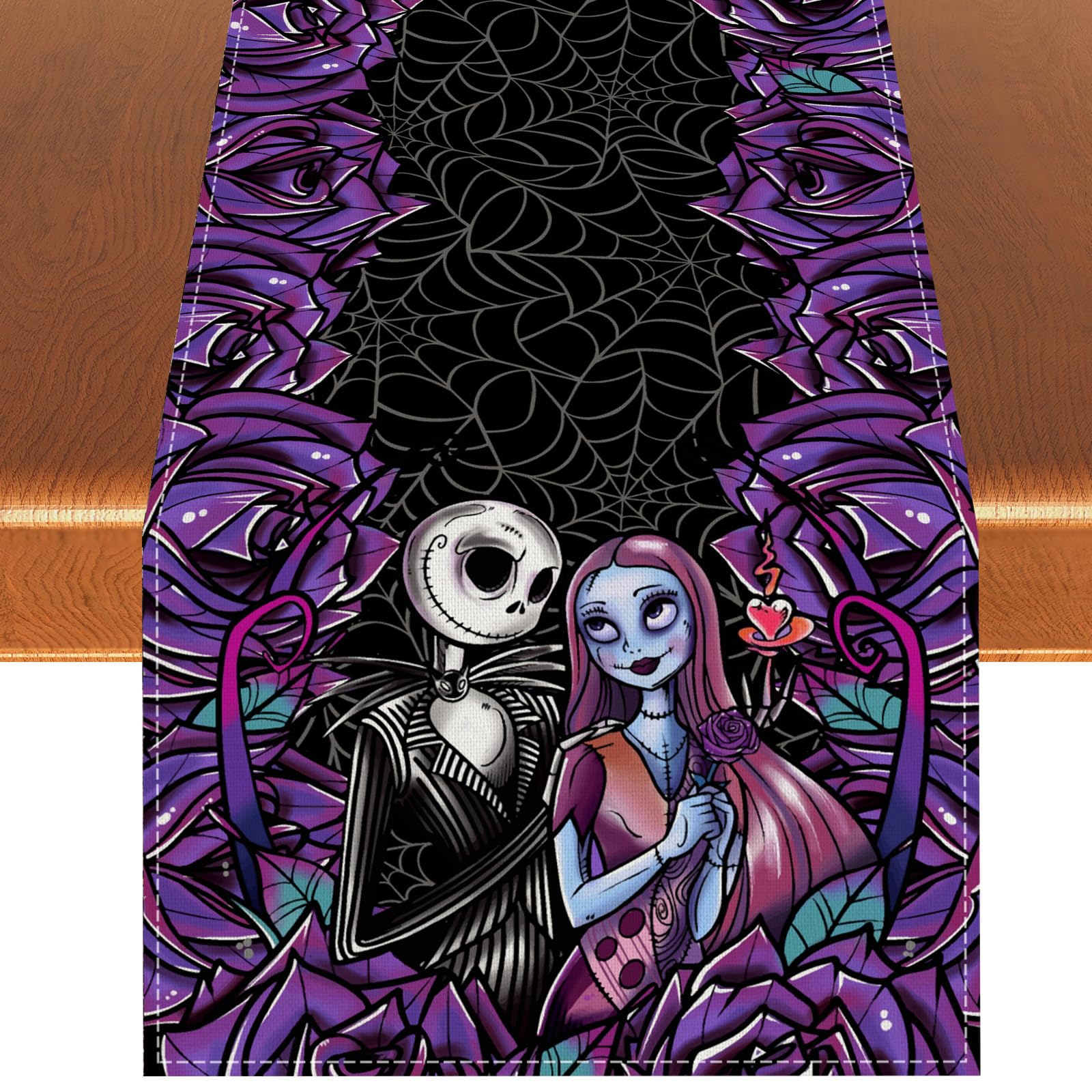 Rvsticty Linen Halloween Table Runner Halloween Gothic Skull Tablecloth Day of The Dead Roses Skull Decor Halloween Decorations and Supplies for Home Kitchen Table-13×72’’