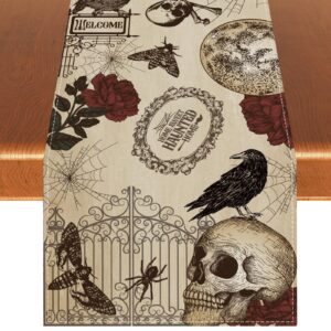 rvsticty linen retro halloween table runner halloween gothic skull tablecloth day of the dead roses skull decor halloween decorations and supplies for home kitchen table-13×72’’