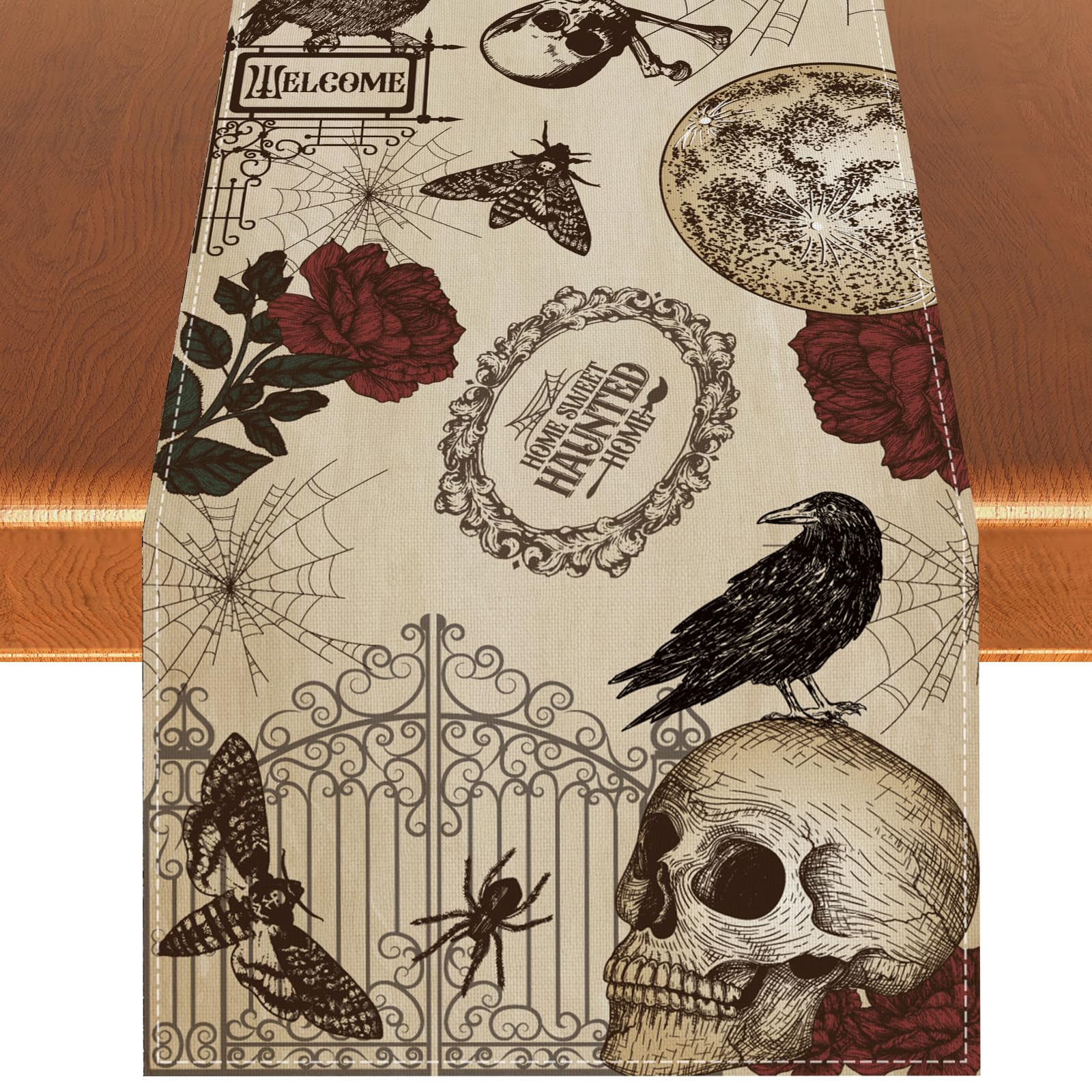 Rvsticty Linen Retro Halloween Table Runner Halloween Gothic Skull Tablecloth Day of The Dead Roses Skull Decor Halloween Decorations and Supplies for Home Kitchen Table-13×72’’