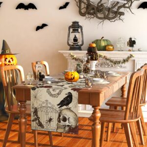 Rvsticty Linen Retro Halloween Table Runner Halloween Gothic Skull Tablecloth Day of The Dead Roses Skull Decor Halloween Decorations and Supplies for Home Kitchen Table-13×72’’