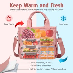 Insulated Lunch Bag for Women, Large Lunch Tote Bag with Removable Shoulder Strap, Lunch Box for Women, Leak Proof Cooler Lunch Bag for Work Picnic Hiking Beach (Pink)