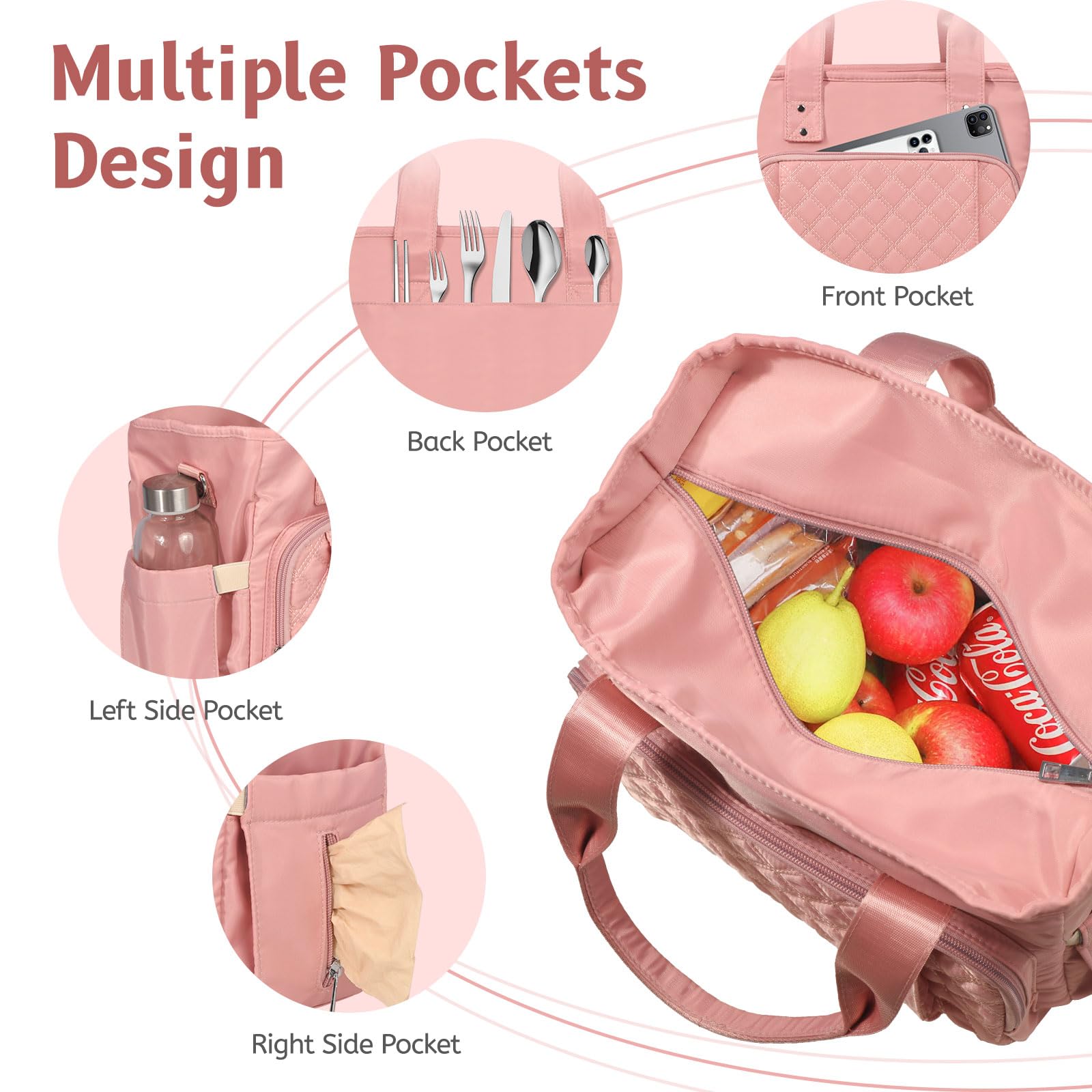 Insulated Lunch Bag for Women, Large Lunch Tote Bag with Removable Shoulder Strap, Lunch Box for Women, Leak Proof Cooler Lunch Bag for Work Picnic Hiking Beach (Pink)