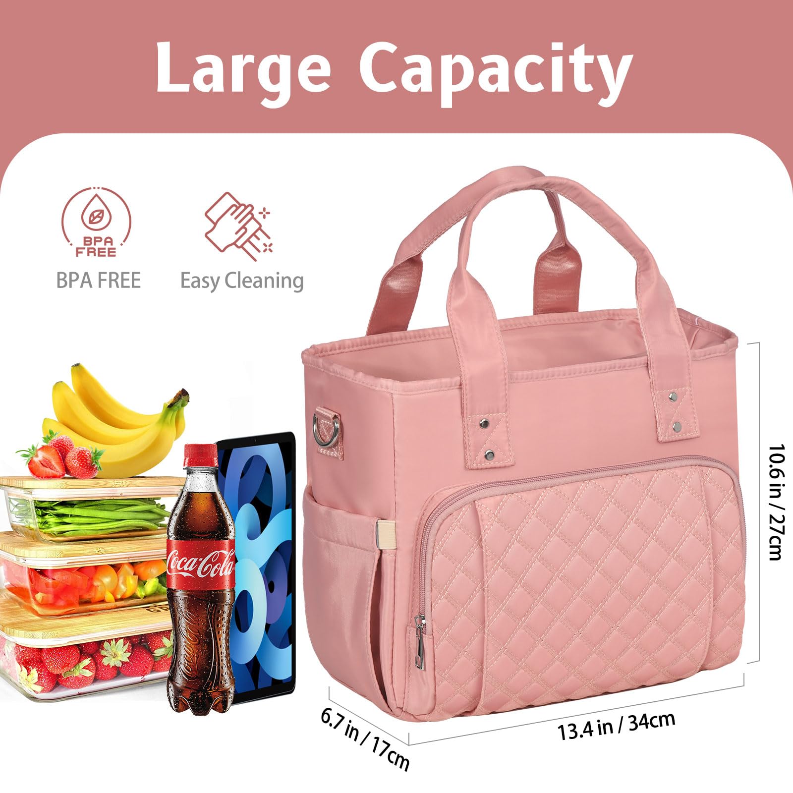 Insulated Lunch Bag for Women, Large Lunch Tote Bag with Removable Shoulder Strap, Lunch Box for Women, Leak Proof Cooler Lunch Bag for Work Picnic Hiking Beach (Pink)