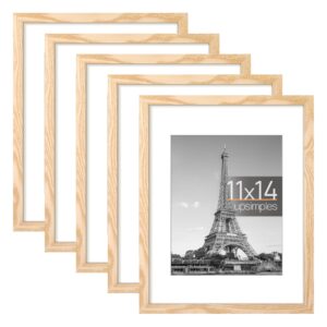 upsimples 11x14 picture frame set of 5, display pictures 8x10 with mat or 11x14 without mat, wall gallery photo frames, natural