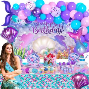 freechase mermaid birthday party decorations - 345pcs mermaid birthday theme party supplies balloon garland kit, happy birthday party supplies with dinnerware banner set for boys girl kids -16 guest