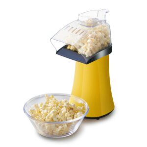 elite gourmet fast hot air popcorn popper, 1300w electric popcorn maker with measuring cup & butter melting tray, oil-free, great for home party kids, safety etl approved, 4-quart, yellow
