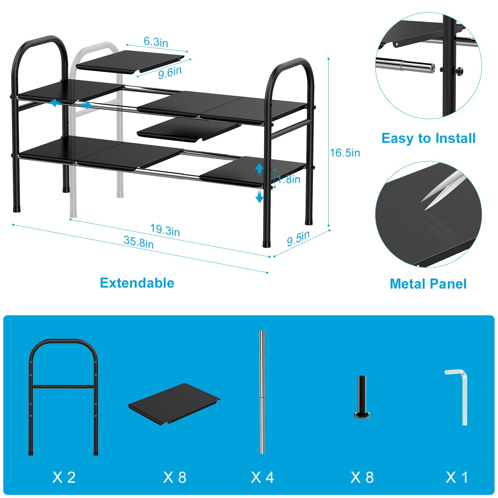 ABTOR 2 Tier Under Sink Organizer-Adjustable Height Bathroom Sink Storage Shelf, Expandable Kitchen Cabinet Shelf Organizer, Rack with Removable Panels, Suitable for Kitchen, Living Room, Office