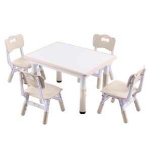 doreroom height-adjustable kids table and 4 chairs set, toddler table and chair set with graffiti desktop, 31.5''l x 23.6''w children activity table for daycare, classroom, home