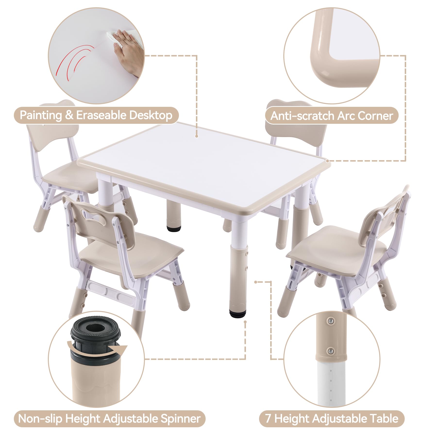 DOREROOM Height-Adjustable Kids Table and 4 Chairs Set, Toddler Table and Chair Set with Graffiti Desktop, 31.5''L x 23.6''W Children Activity Table for Daycare, Classroom, Home