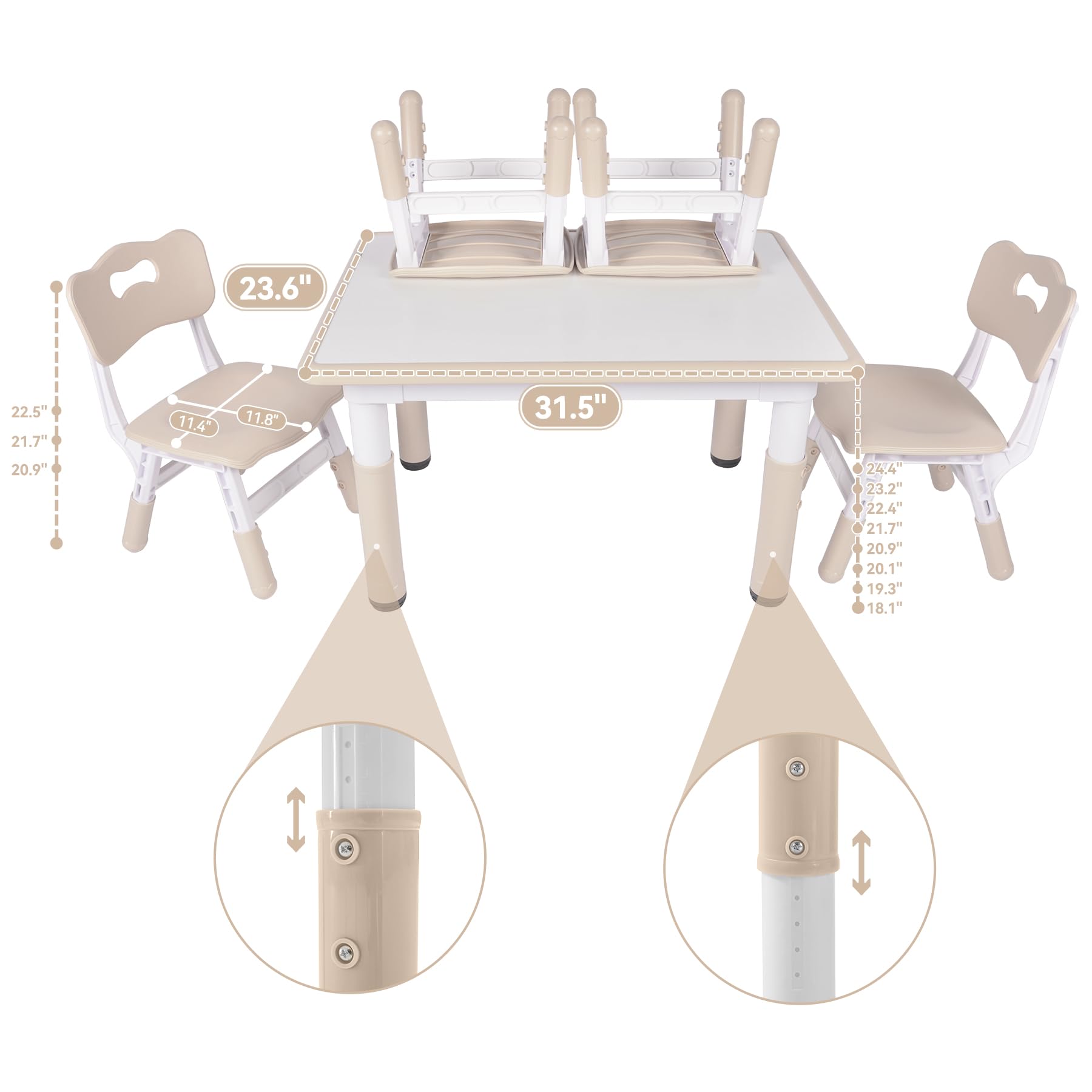 DOREROOM Height-Adjustable Kids Table and 4 Chairs Set, Toddler Table and Chair Set with Graffiti Desktop, 31.5''L x 23.6''W Children Activity Table for Daycare, Classroom, Home