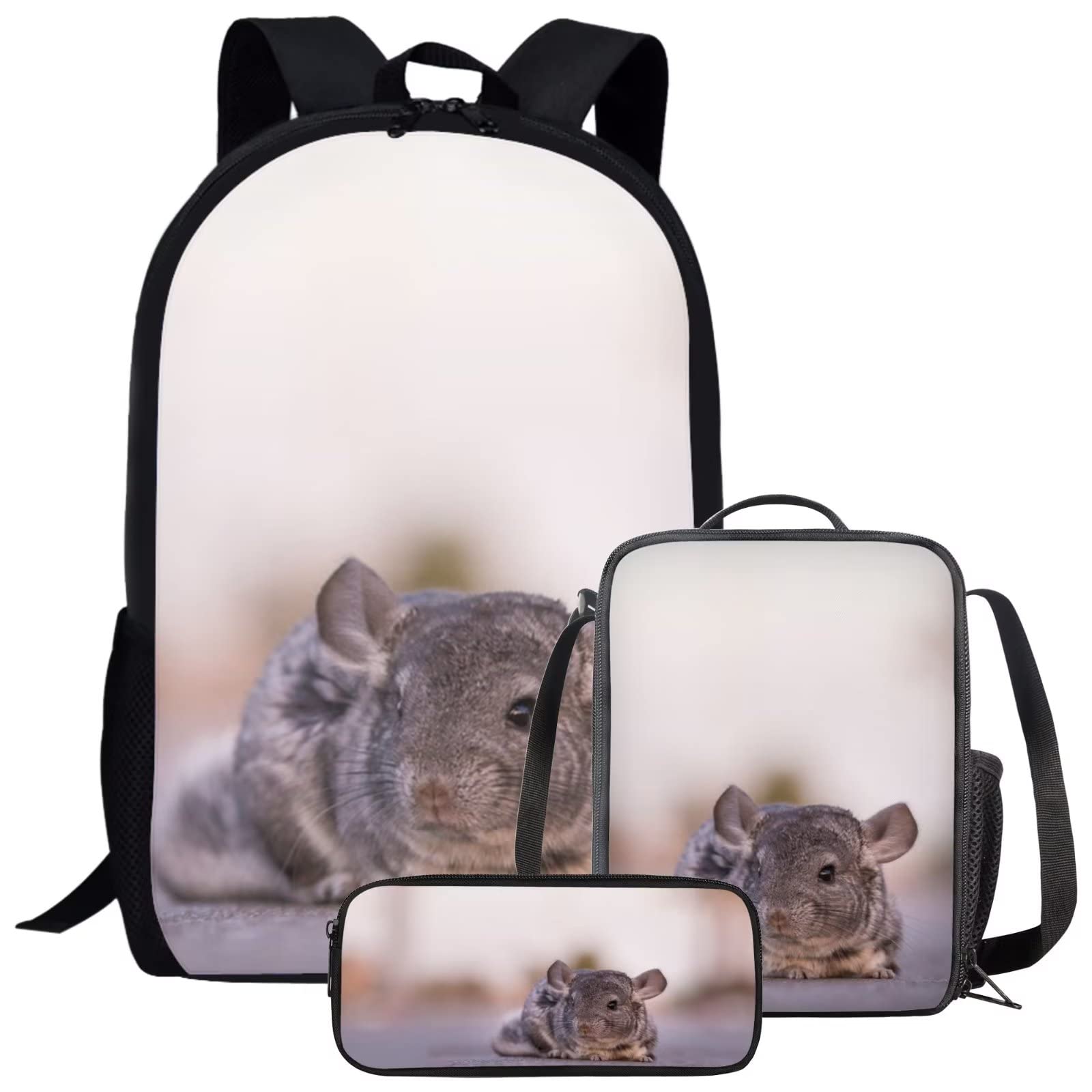 Agoviwo Chinchilla Printed Children School Bag Set 3PCS Set with Bookbag, Meal Holder and Pen Bag