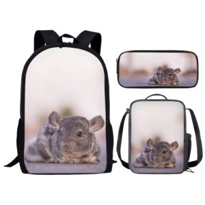 Agoviwo Chinchilla Printed Children School Bag Set 3PCS Set with Bookbag, Meal Holder and Pen Bag