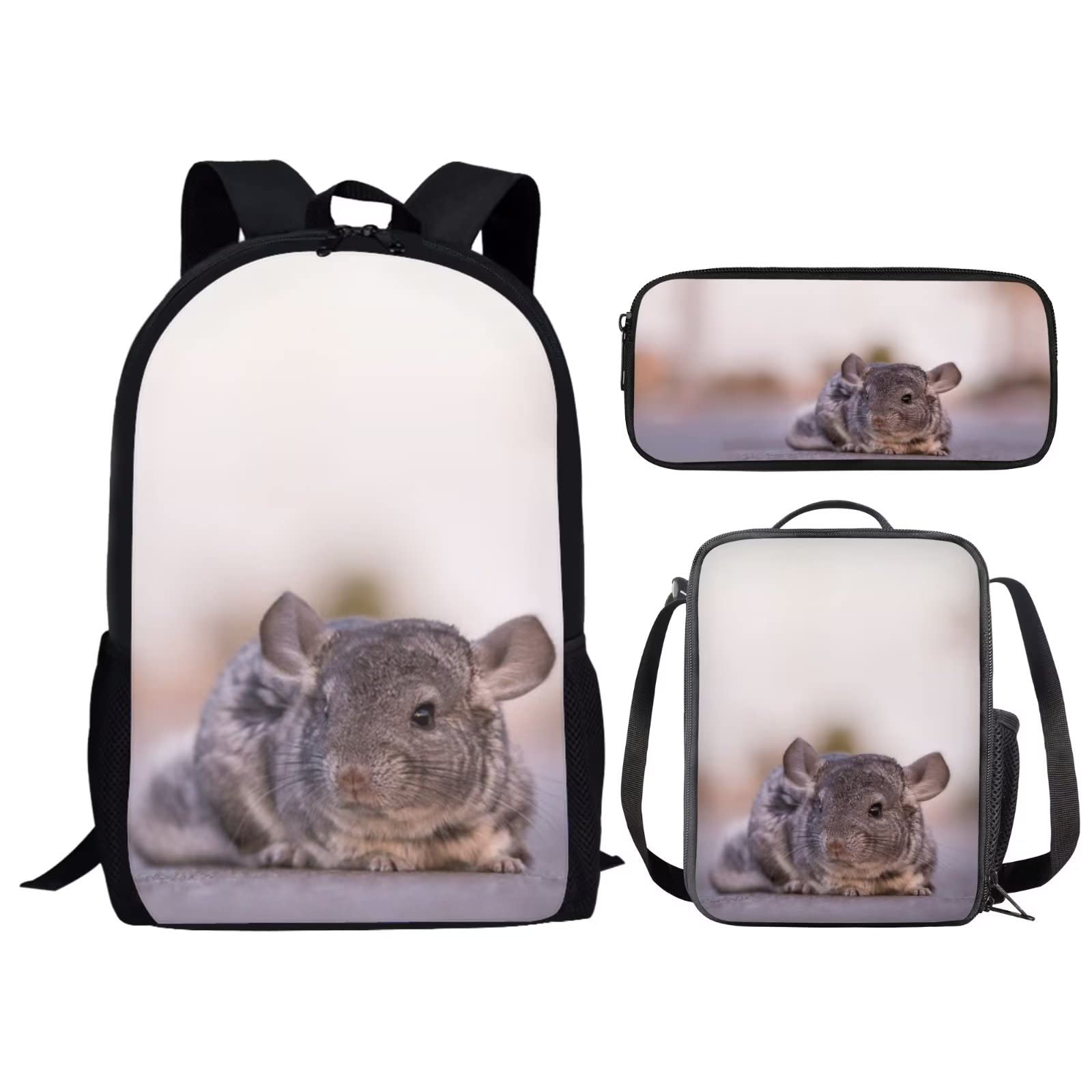 Agoviwo Chinchilla Printed Children School Bag Set 3PCS Set with Bookbag, Meal Holder and Pen Bag