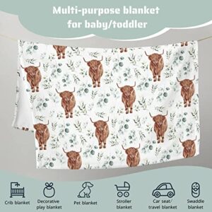 HawSkgFub Highland Cow Eucalyptus Leaf Baby Blanket Boys Gift, Western Farm Animal Yak Flannel Fleece Nursery Swaddle Receiving Blankets, Soft Lightweight Newborn Infant Kid Crib Toddler Bedding 30x40