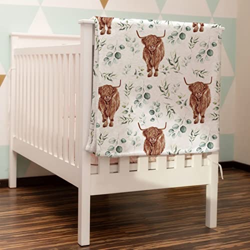 HawSkgFub Highland Cow Eucalyptus Leaf Baby Blanket Boys Gift, Western Farm Animal Yak Flannel Fleece Nursery Swaddle Receiving Blankets, Soft Lightweight Newborn Infant Kid Crib Toddler Bedding 30x40