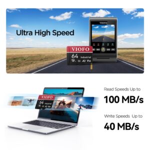 VIOFO 64GB Industrial Grade microSD Card, U3 A2 V30 High Speed Memory Card with Adapter, Support Ultra HD 4K Video Recording